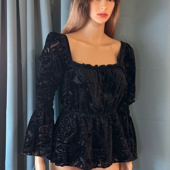 Jawbreaker low square neck smocked waist, smocked bell sleeves, velvet/mesh top - Picture 10 of 11